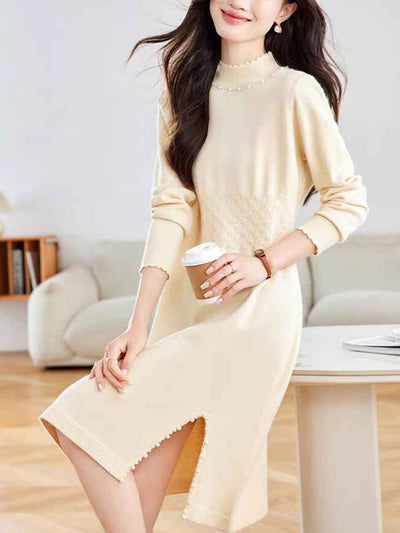 Victoria Casual Turtleneck Beaded Knitted Sweater Dress