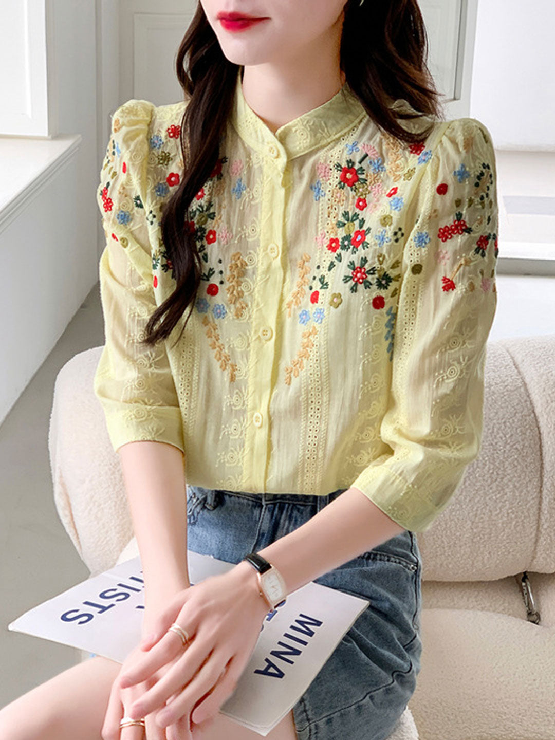 Brianna Vintage Embroidered Jacquard Top-Yellow