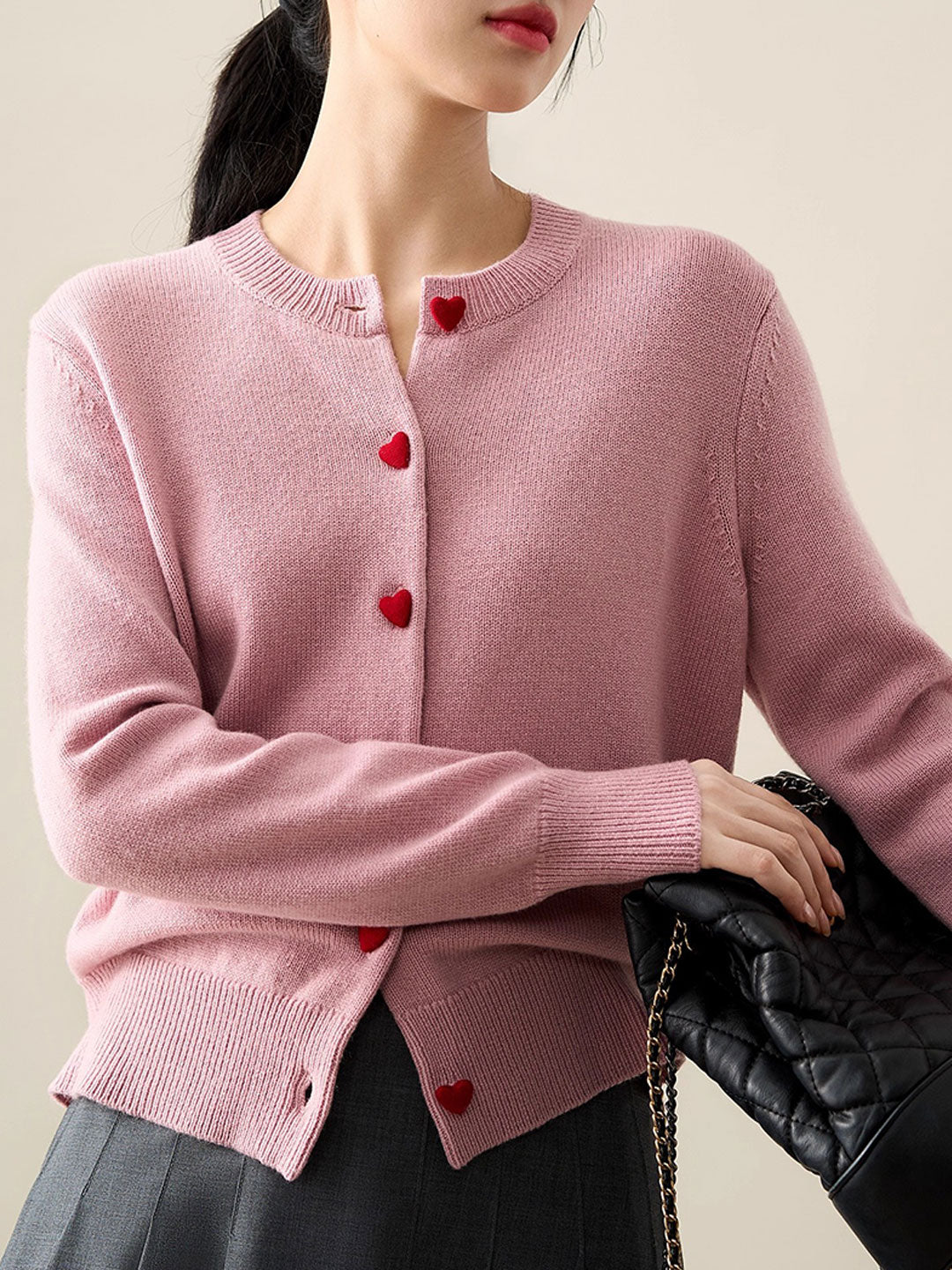 Raya Elegant Crew Neck Heart Button Knitted Cardigan-Pink