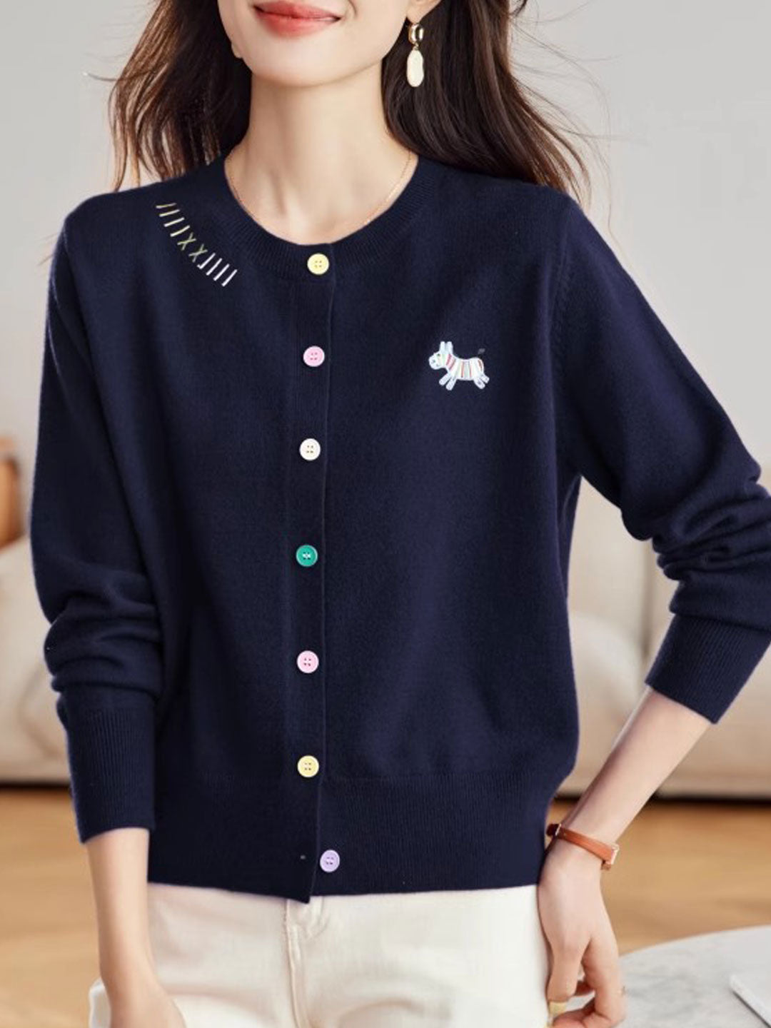 Camila Loose Embroidered Colorful Buttons Knitted Cardigan