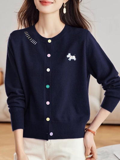 Camila Loose Embroidered Colorful Buttons Knitted Cardigan