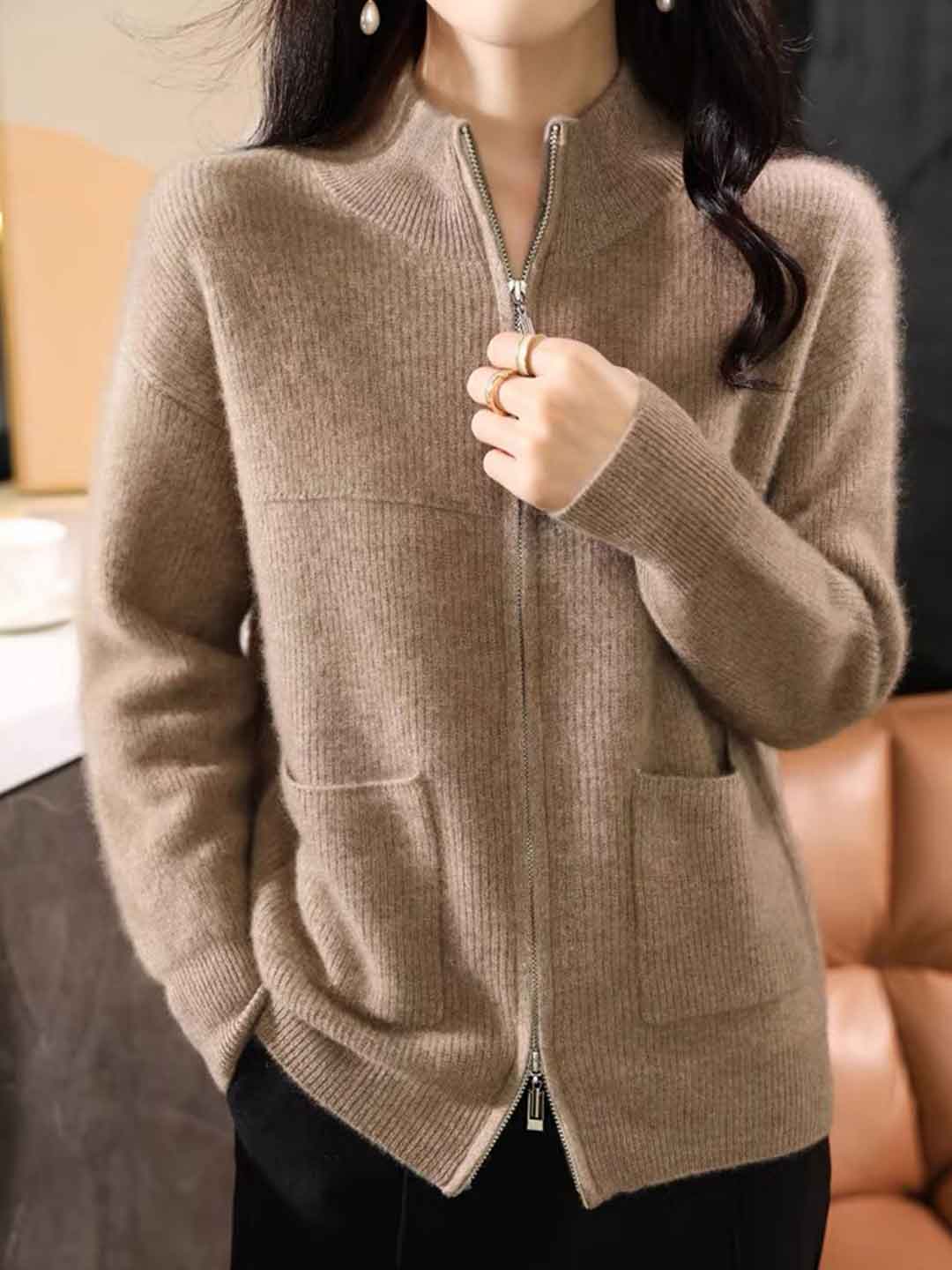 Hannah Loose Turtleneck Zippered Knitted Cardigan