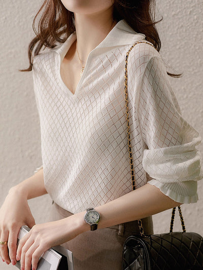 Ashley Classic V-Neck Hollow Solid Color Knitted Top