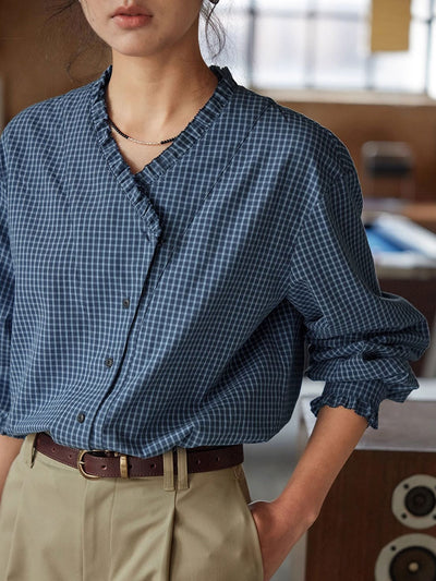 Madison Vintage V-Neck Ruffle Plaid Shirt