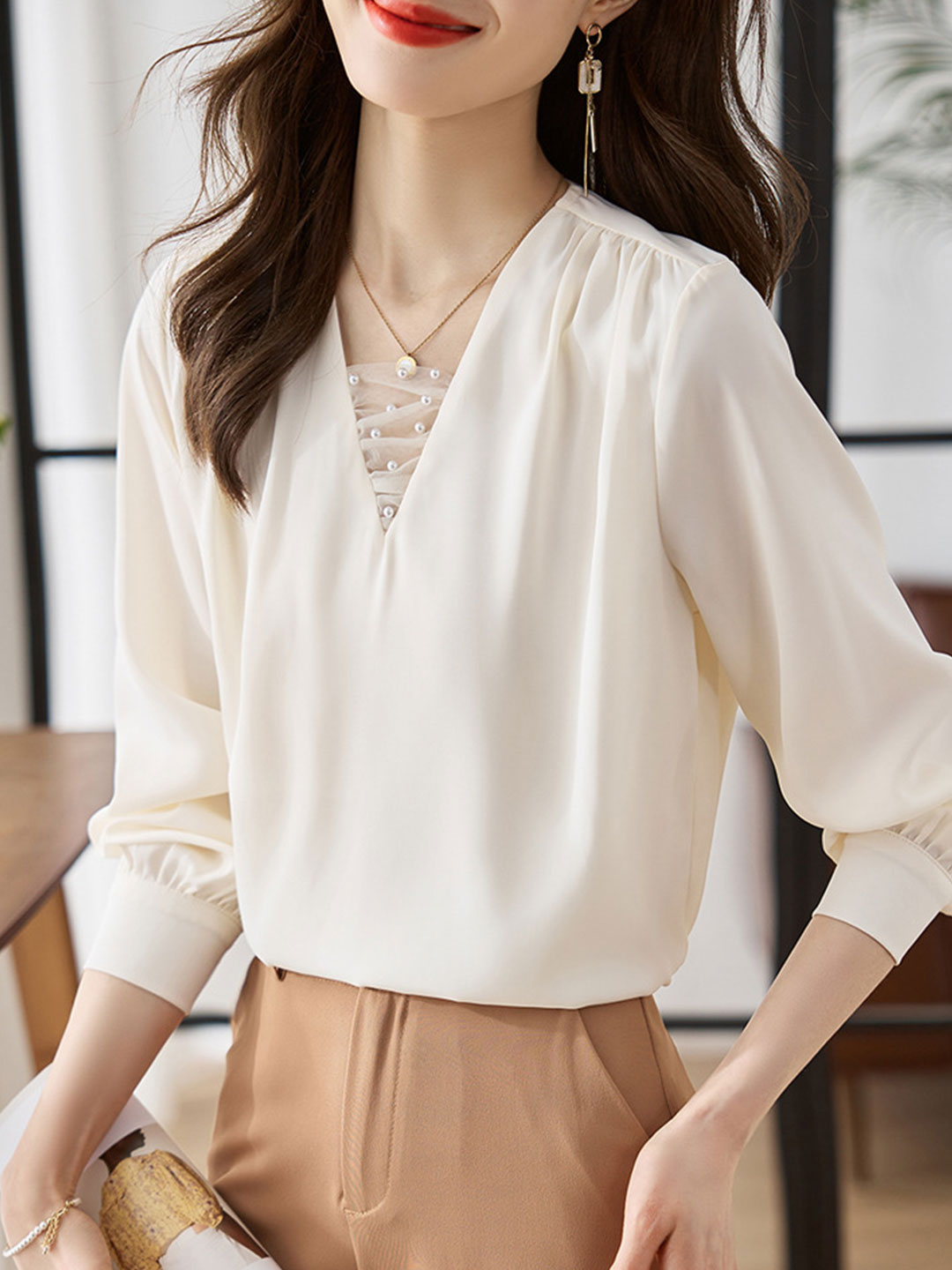 Brianna Classic V-neck Satin Shirt-Apricot