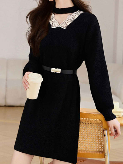 Brianna Vintage V-Neck Lace Patchwork Knitted Dress