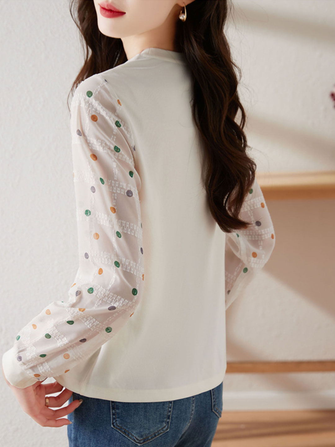 Jessica Classic Polka-Dot Chiffon Sleeve Knitted Top