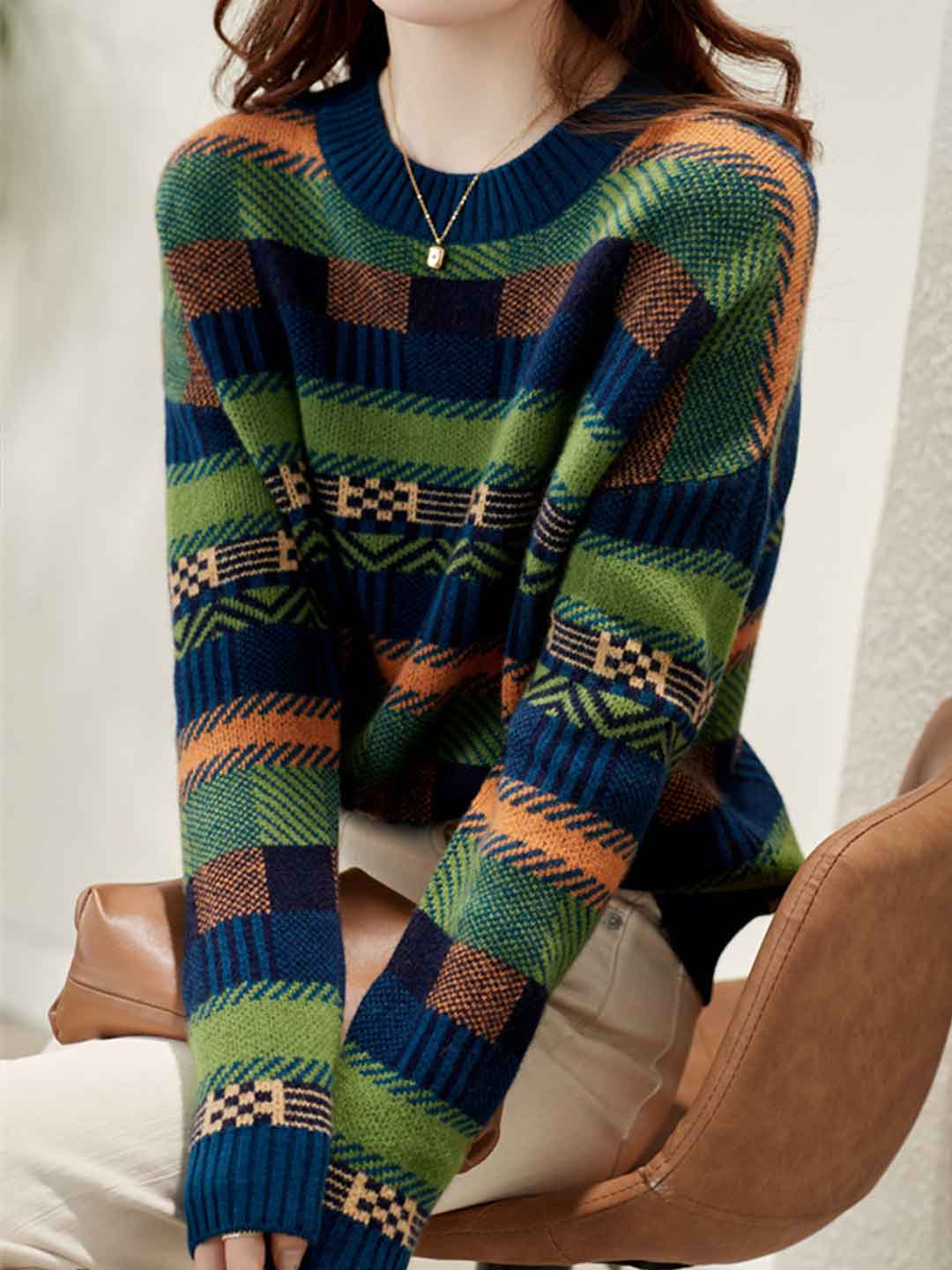 Aaliyah Loose Crew Neck Contrasted Striped Knitted Sweater