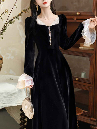 Anna Retro Square Neck Lace Sleeve Velvet Dress