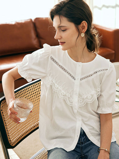 Layla Retro Hollowed Paneled Lace Shirt-White