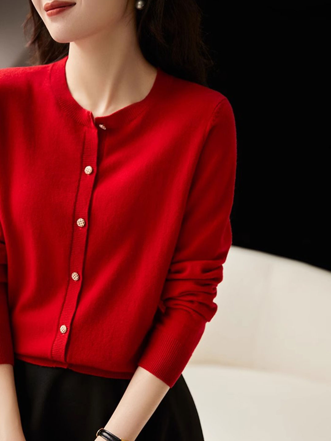 Sophia Classic Crew Neck Solid Color Knitted Cardigan