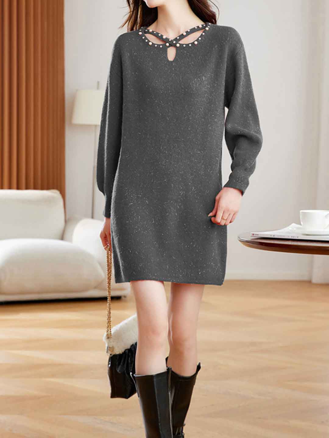 Hannah Elegant Crew Neck Beaded Knitted Sweater Dress