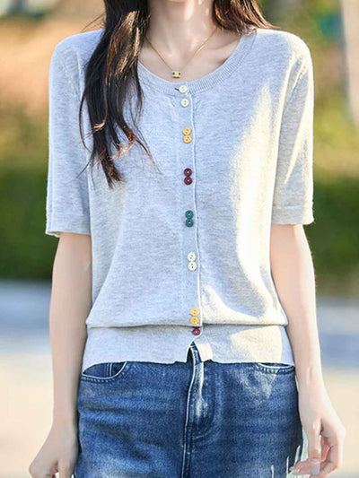 Trinity Loose Crew Neck Solid Color Knitted Cardigan