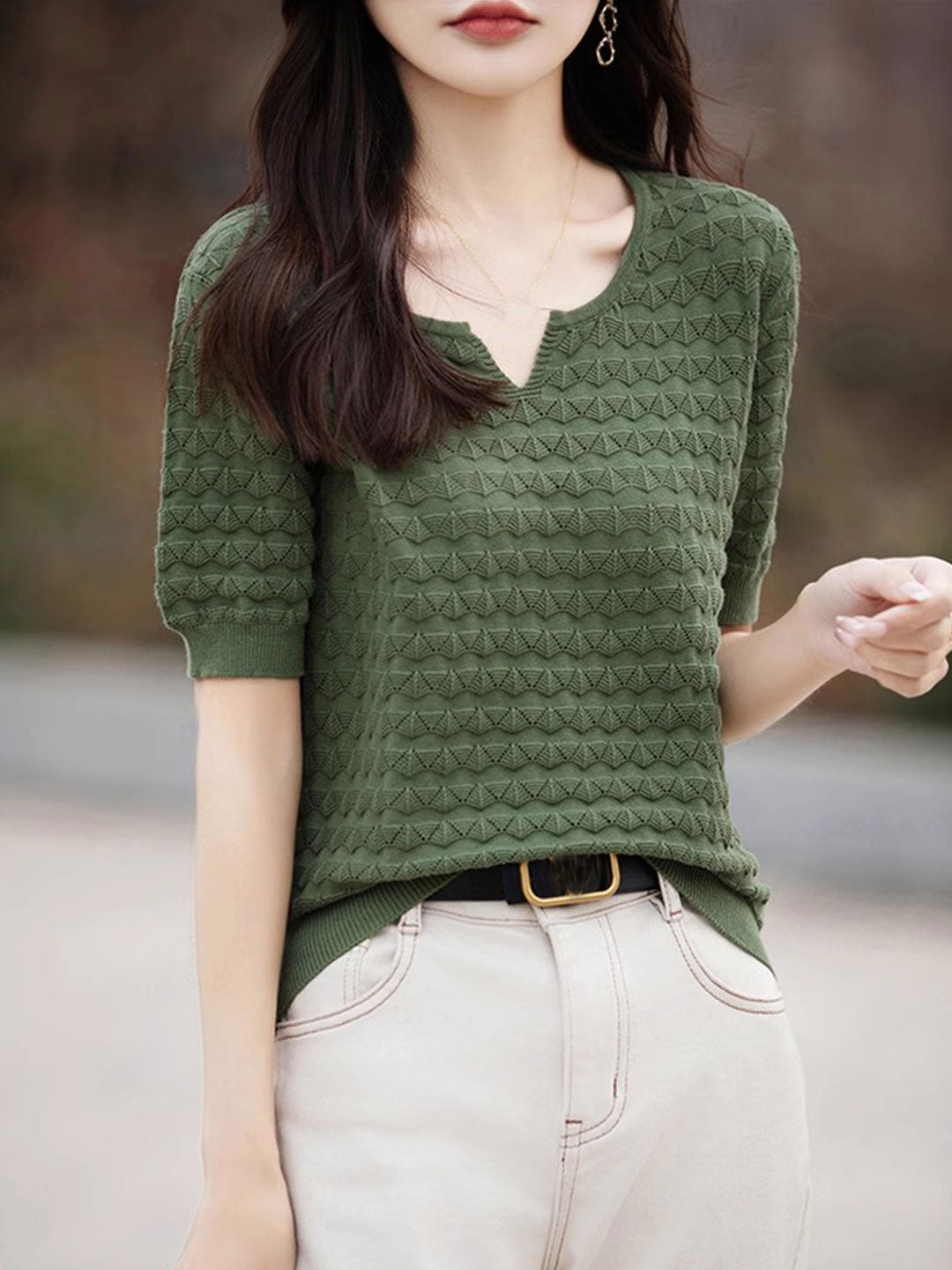 Chloe Loose Crew Neck Hooked Knitted Top-Green