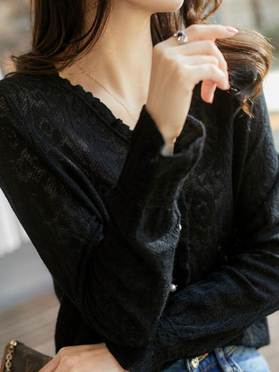 Anna Retro V-Neck Auricular Lace Jacquard Knitted Top