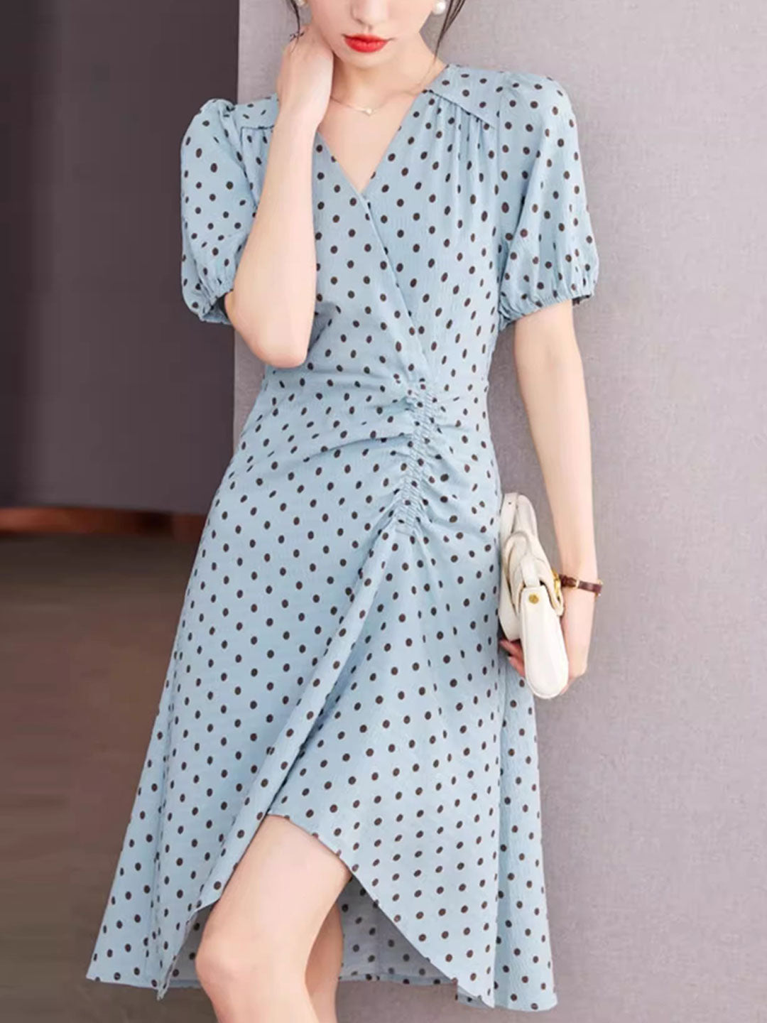 Chloe V-Neck Polka Dot Printed Irregular Dress