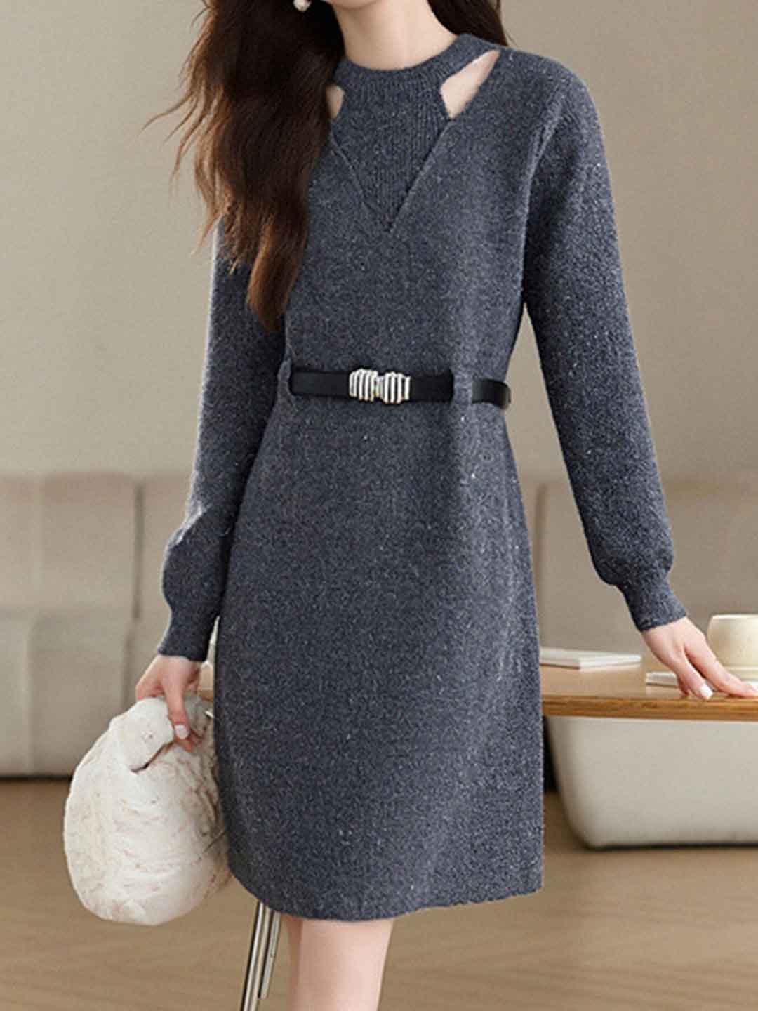 Sarah Elegant Crew Neck Hollowed Knitted Dress