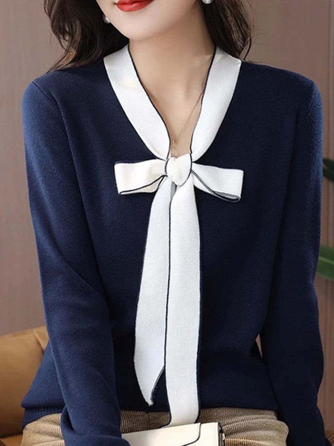 Jessica Casual Color Block Bow Tie Knitted Top