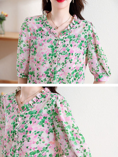 Mia Vacation V-Neck Ruffled Floral Chiffon Top-Red