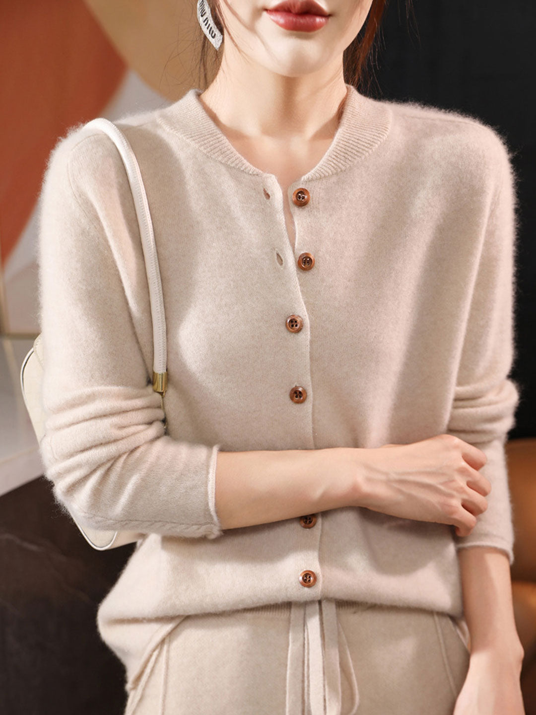 Natalie Classic Crew Neck Solid Color Knitted Cardigan-Red