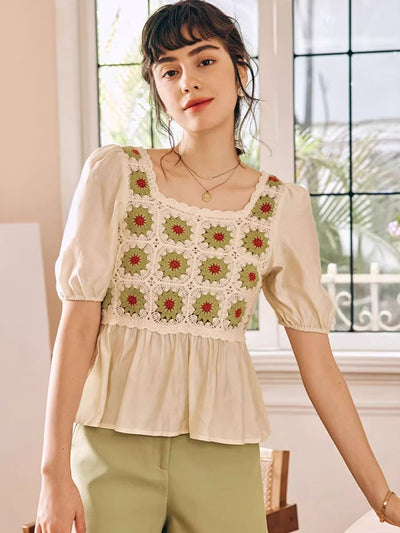 Olivia Retro Square Collar Crocheted Hollowed Chiffon Top