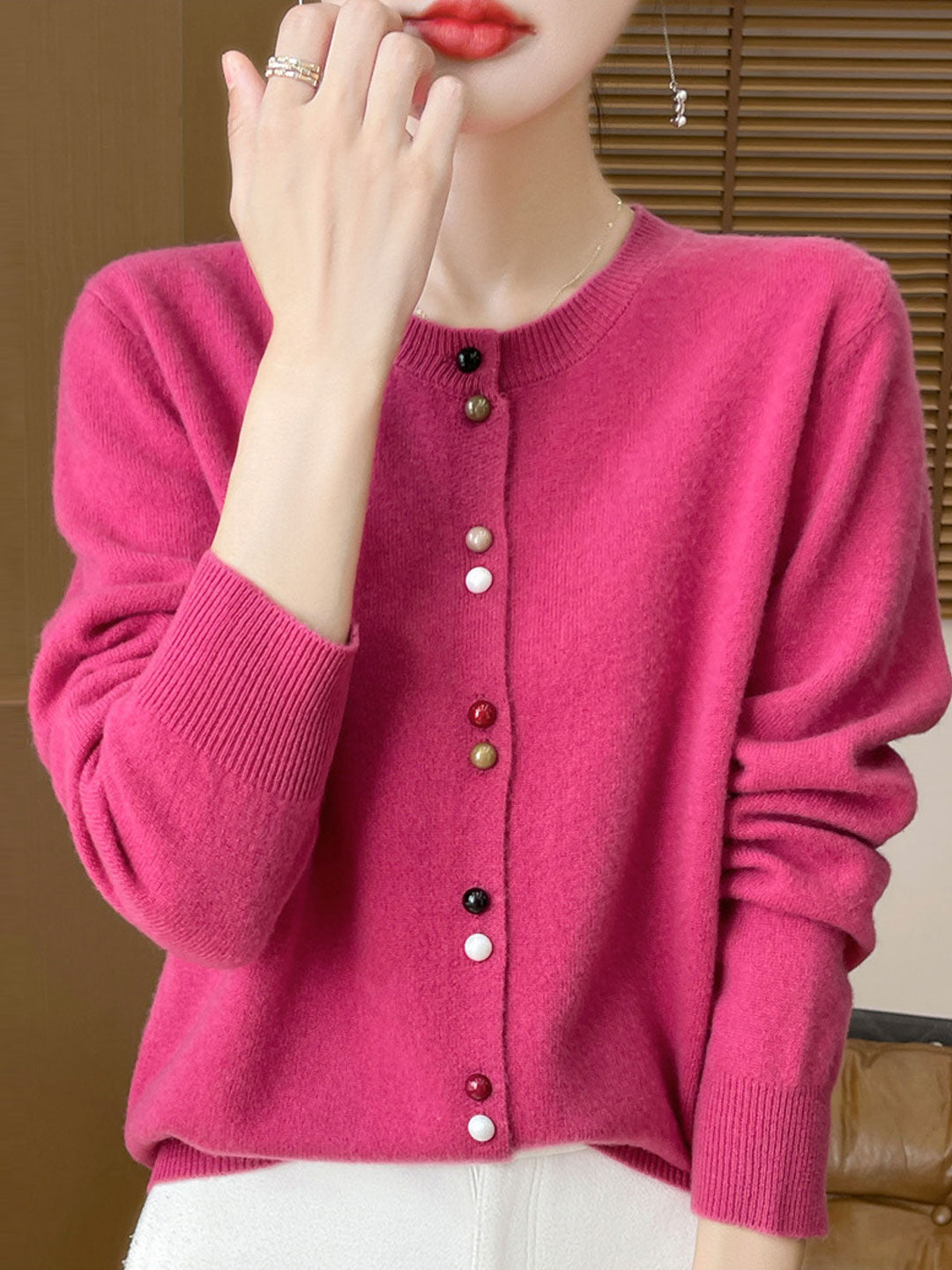 Mya Loose Crew Neck Solid Color Knitted Cardigan-Red