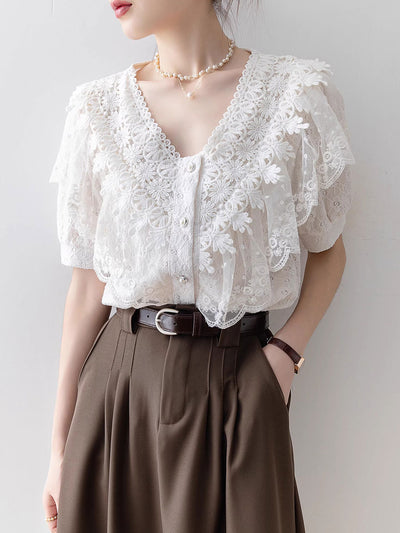 Kaylee Vintage V-Neck Solid Color Lace Blouse