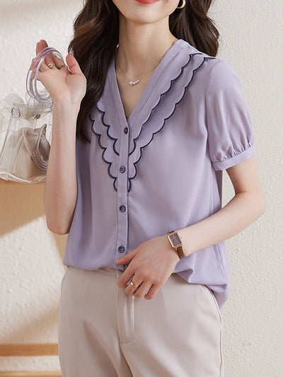 Natalie Classic V-neck Chiffon Top-Puprle