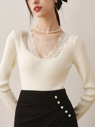 Brianna V-Neck Lace Knitted Sweater