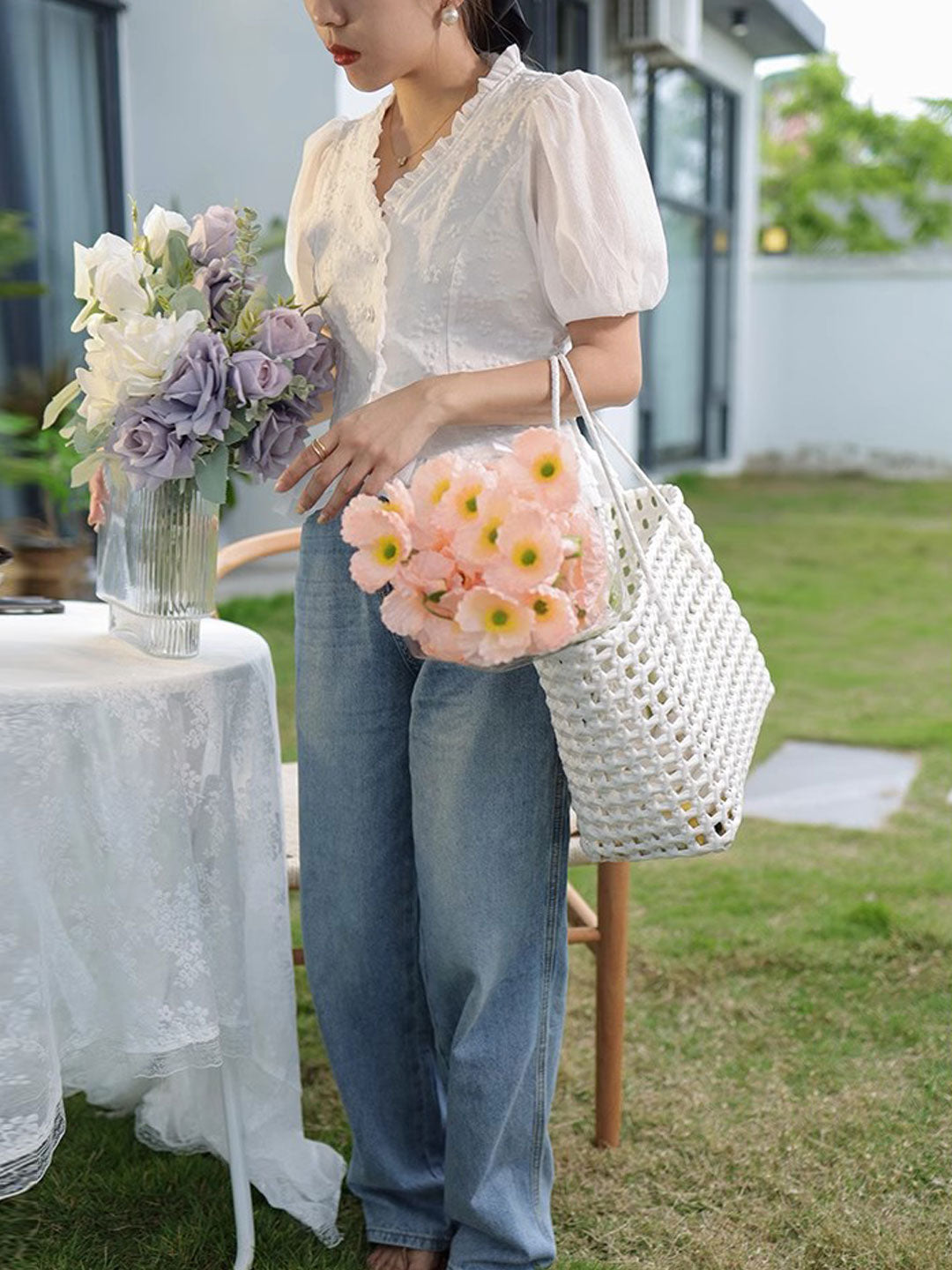 Emily Retro V-Neck Crocheted Chiffon Top