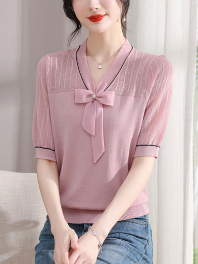 Ava Classic V-Neck Bow Ice Silk Knitted Top