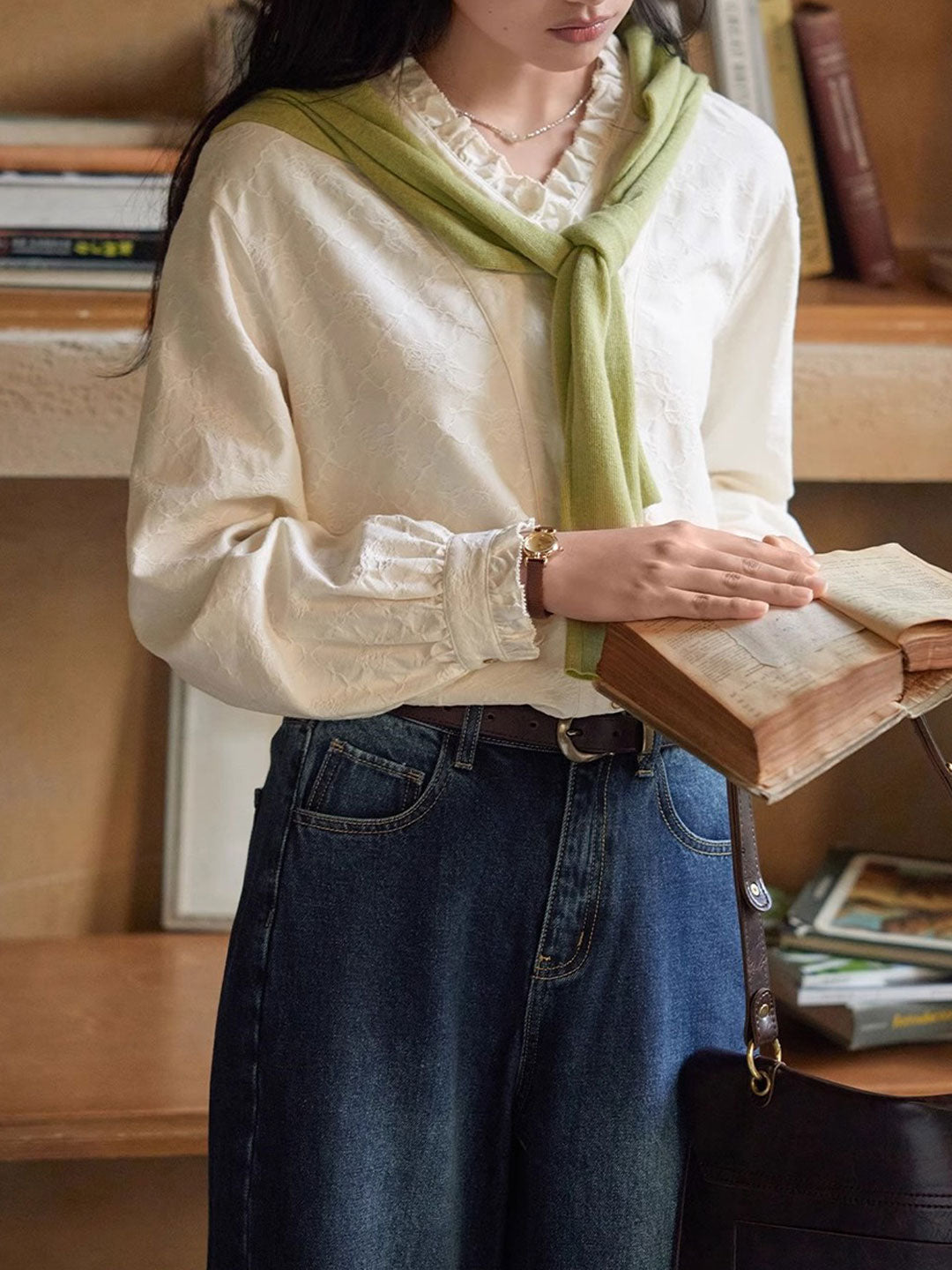 Madison Vintage V-Neck Ruffle Plaid Shirt