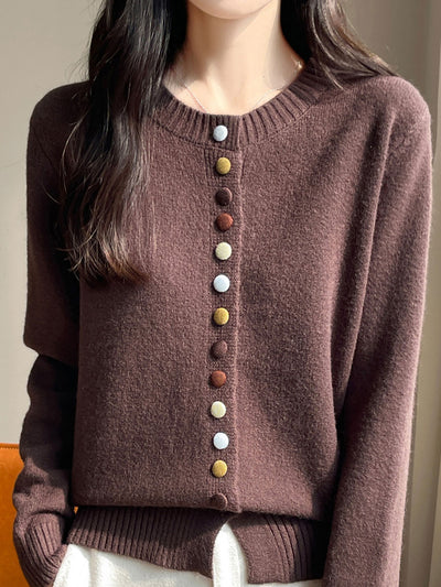 Sophia Classic Crew Neck Colorful Button Knitted Cardigan-Apricot