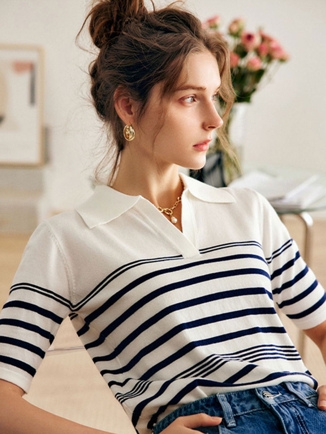 Olivia Retro Lapel Horizontal Stripe Knitted Sweater-Blue
