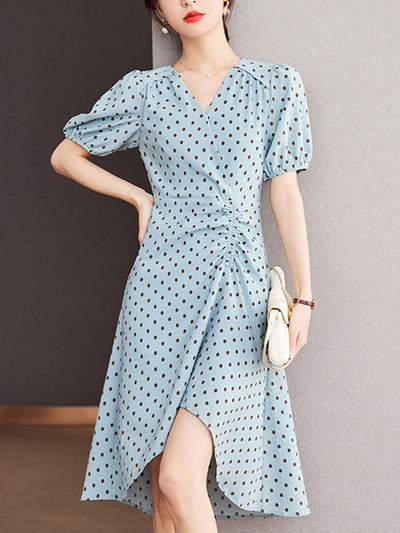 Chloe V-Neck Polka Dot Printed Irregular Dress