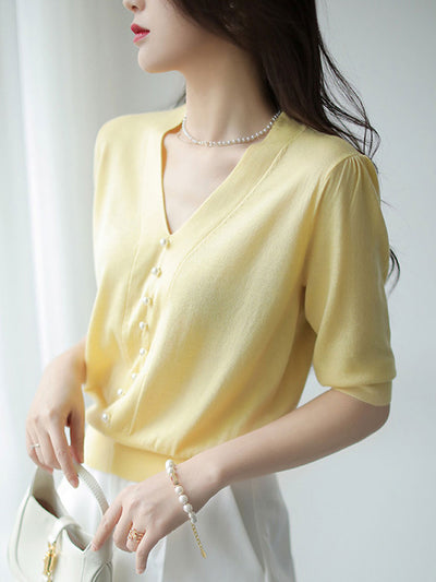 Sophia Casual V-Neck Knitted Top-Yellow