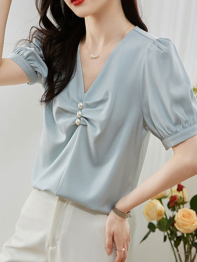 Bella Elegant Beaded Pleated Satin Shirt