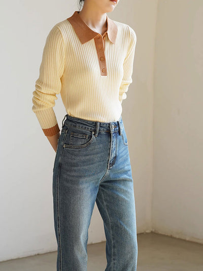 Jessica Retro Contrast Color Slim Knitted Sweater-Green