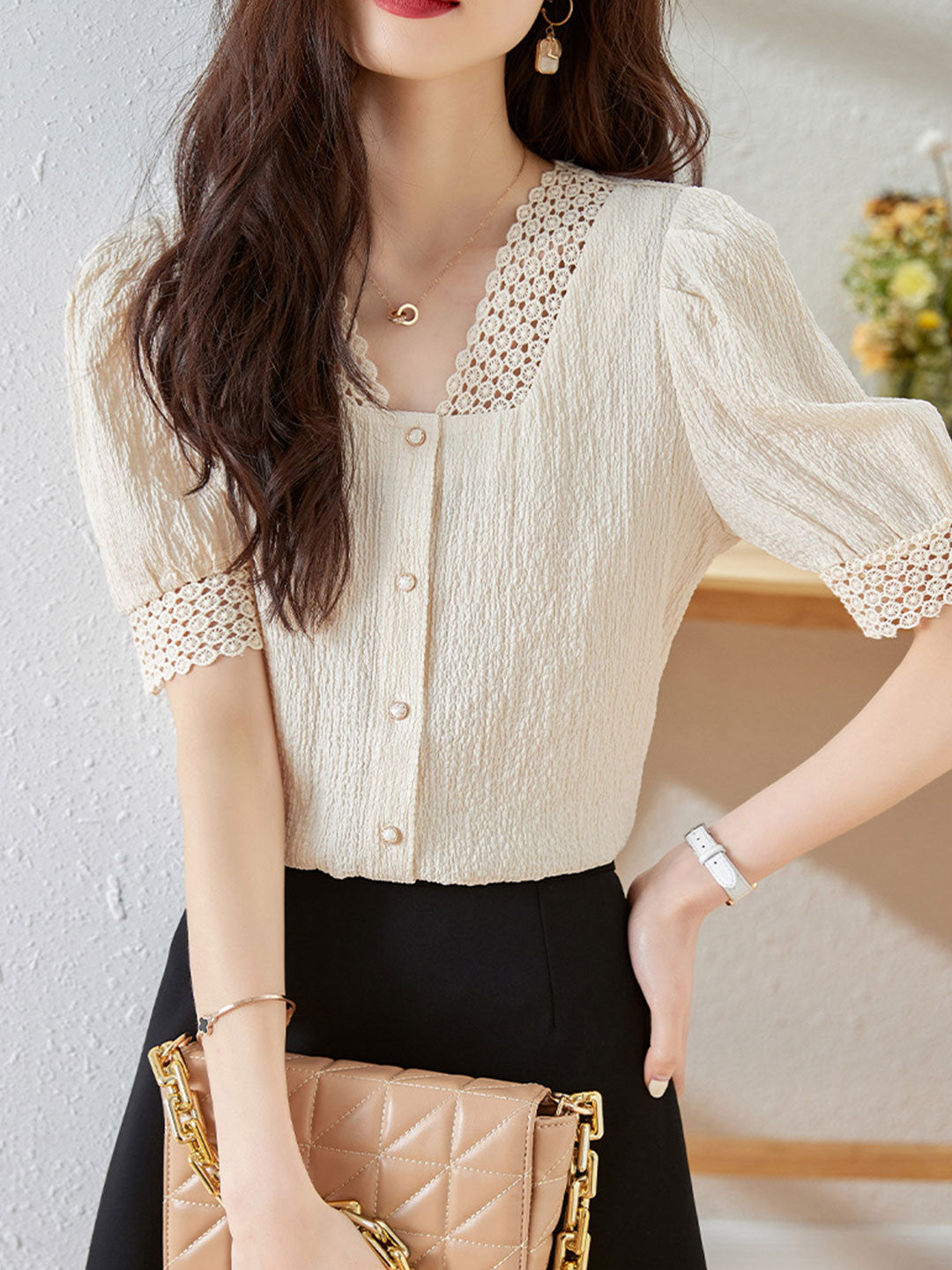 Sydney Elegant Hollowed Button Top-Apricot