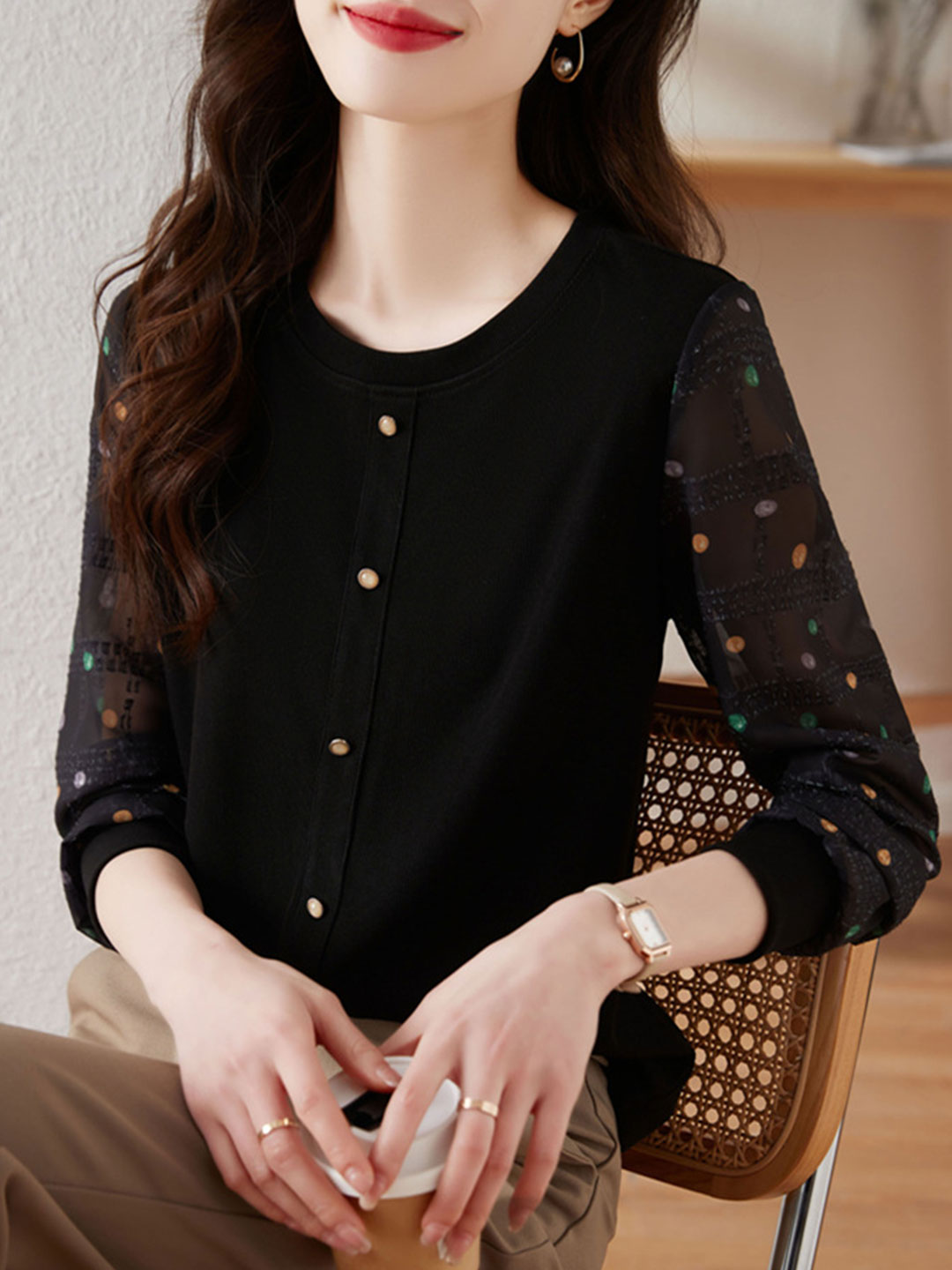 Jessica Classic Polka-Dot Chiffon Sleeve Knitted Top