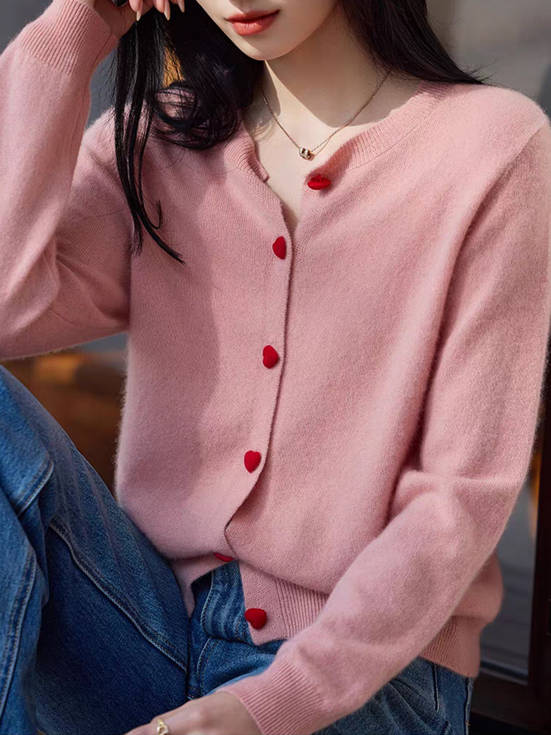 Raya Elegant Crew Neck Heart Button Knitted Cardigan-Pink