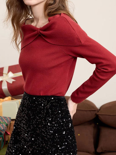 Brianna Off-Neck Bow Knitted Sweater