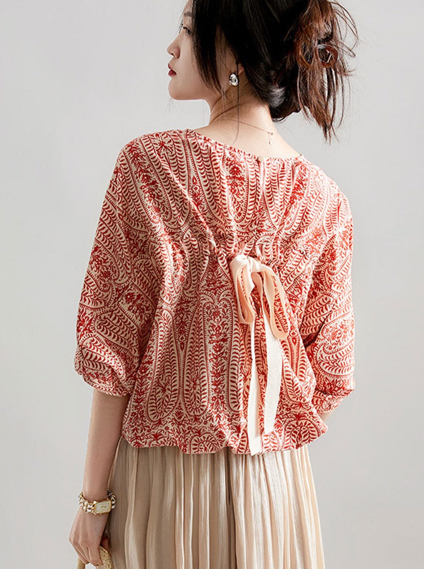 Maya Casual Back Bow Printed Blouse