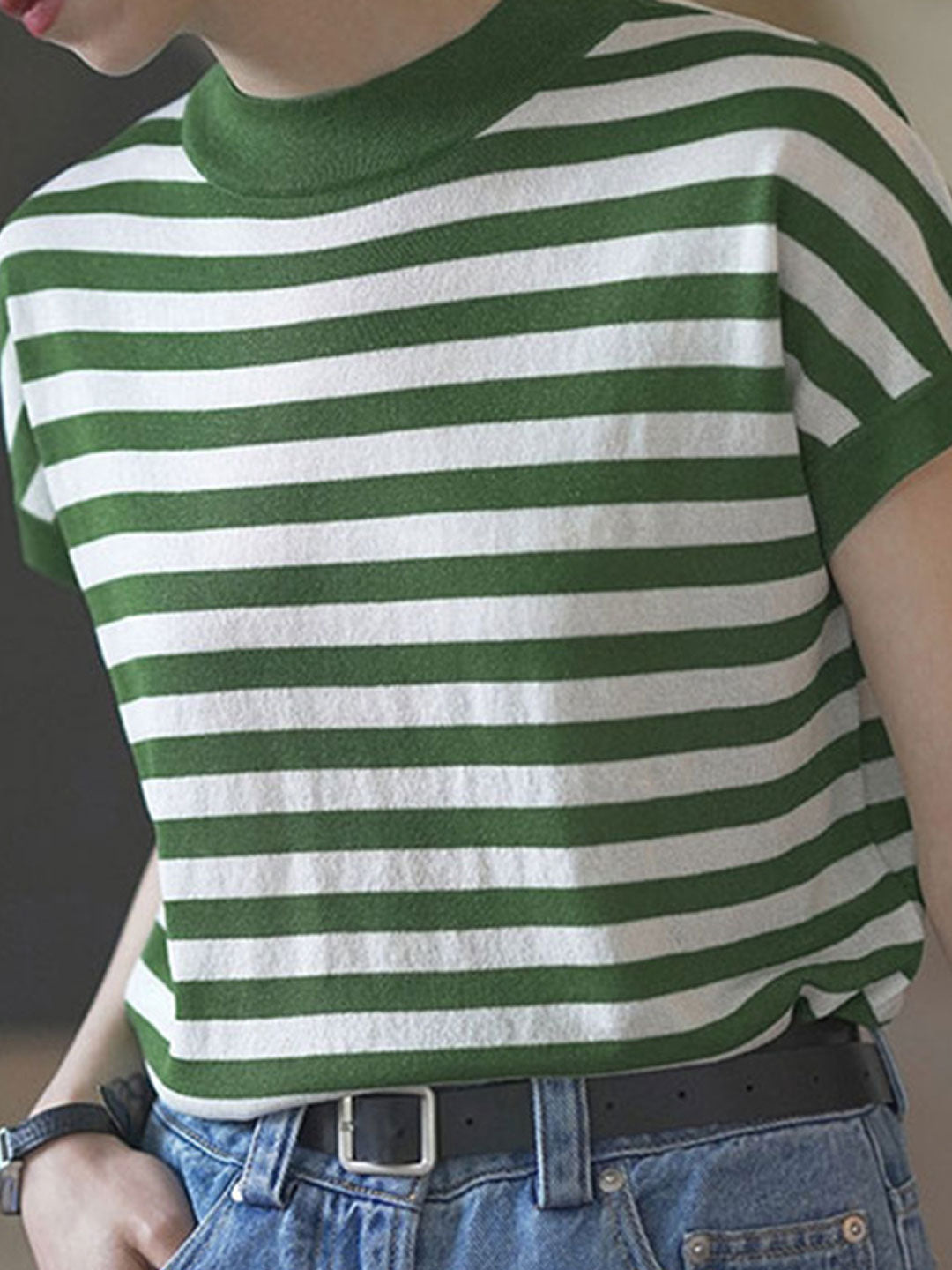 Lauren Classic Crew Neck Striped Contrast Knitted Top-Green