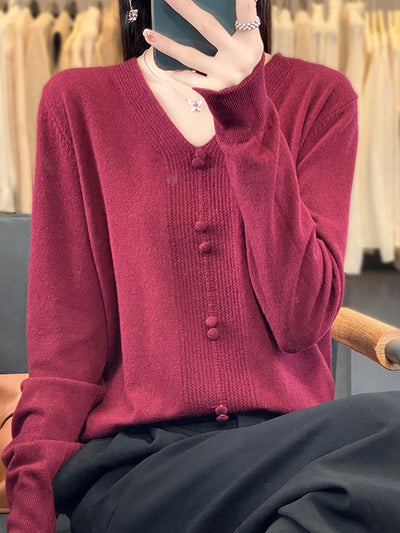 Abigail Casual V-neck Loose Knitted Sweater-Red