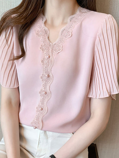 Elizabeth Classic V-Neck Lace Chiffon Top