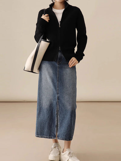 Emily Loose Zipper Solid Color Knitted Cardigan