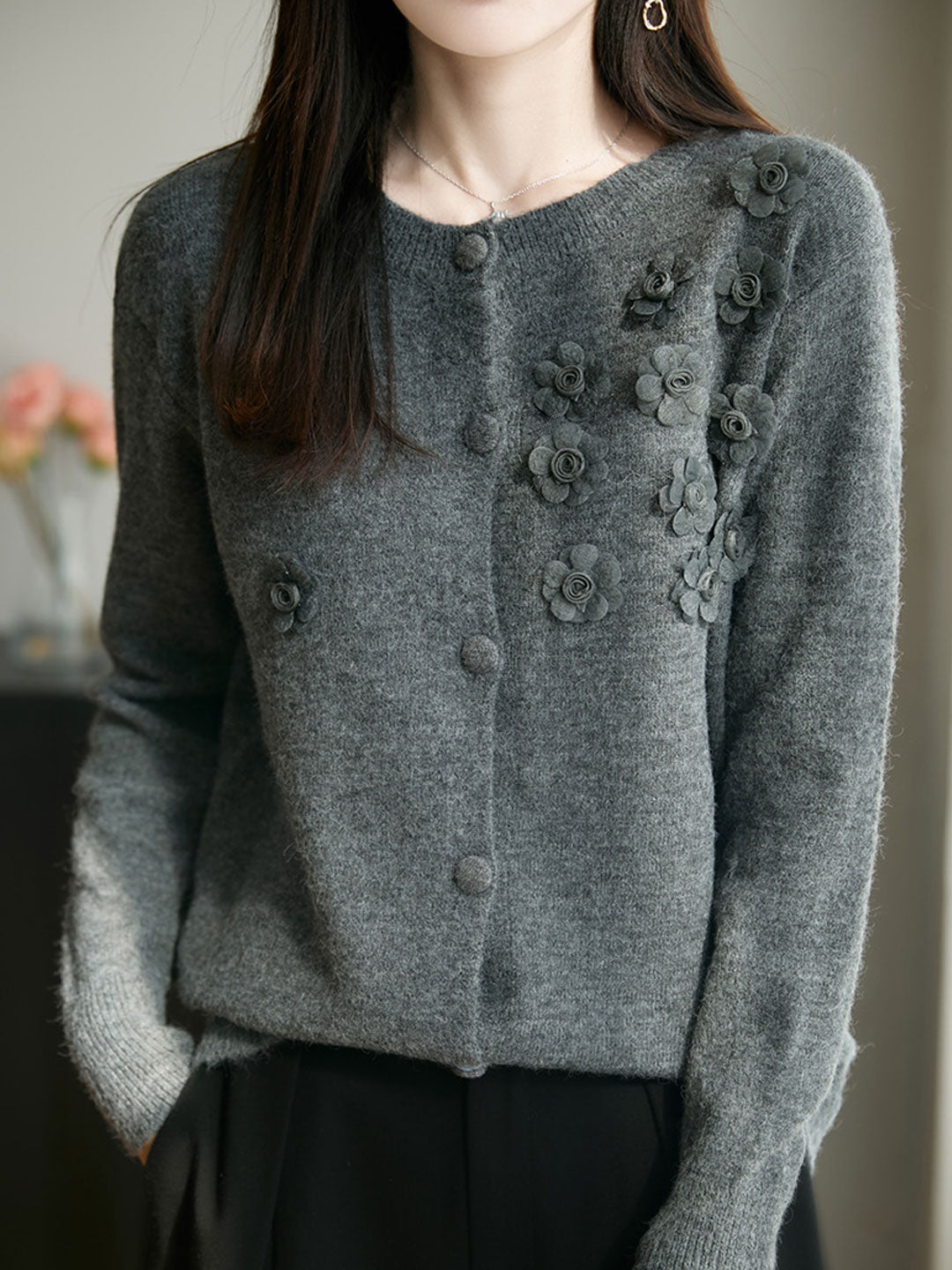 Aubrey Classic Crew Neck Flower Knitted Cardigan