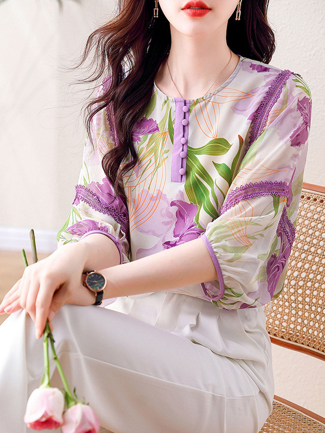 Grace Loose Crew Neck Buttoned Printed Chiffon Blouse