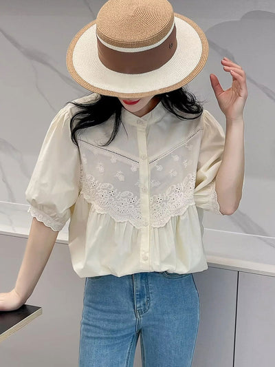 Layla Retro Hollowed Paneled Lace Shirt-White